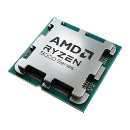 AMD Ryzen 7 9800X3D AM5 Tray 192GB, vue en perspective: angle 3/4 montrant IHS argenté, PCB vert et côtés du processeur