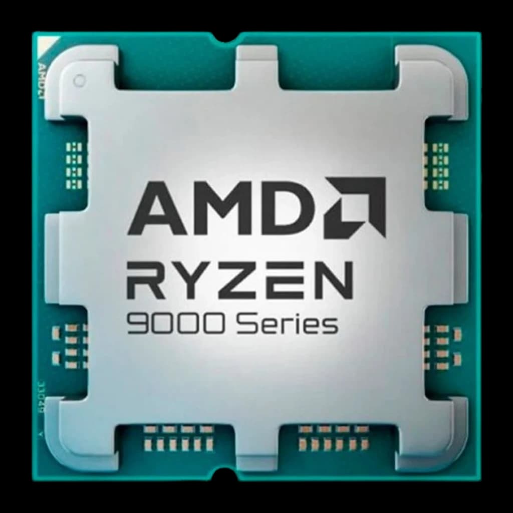 AMD Ryzen 7 9800X3D AM5 Tray 192GB, vue de face: IHS argenté avec logo AMD Ryzen 9000 Series et contacts verts
