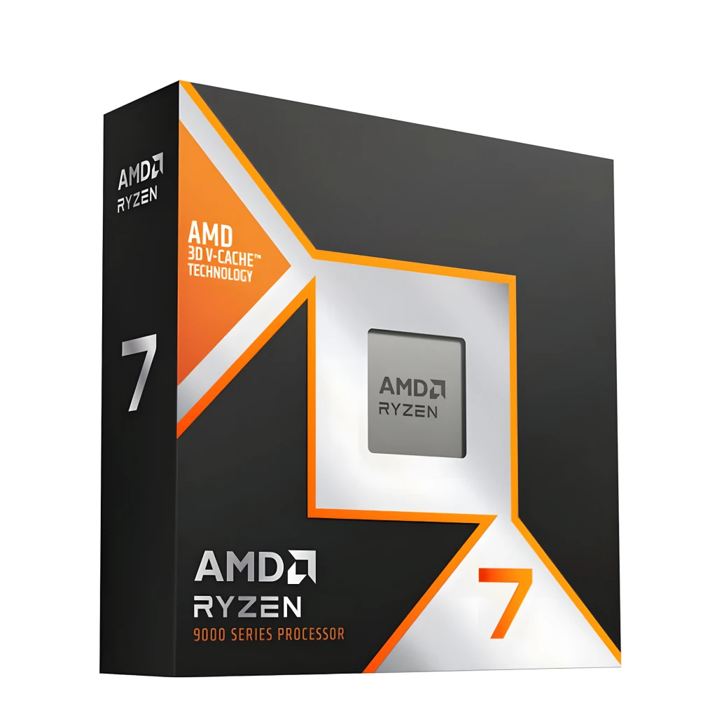 AMD Ryzen 7 9800X3D AM5 192GB, caixa em ângulo: design preto e laranja com logo Ryzen e chip central - Item1
