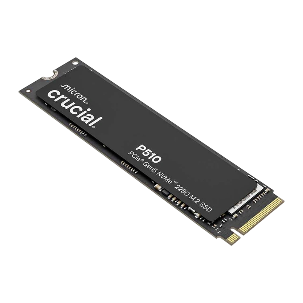 Crucial P510 2TB M.2 2280 PCIe 5.0 NVMe preto, vista frontal: superfície mate com logo Crucial e conector dourado M.2 - Item1