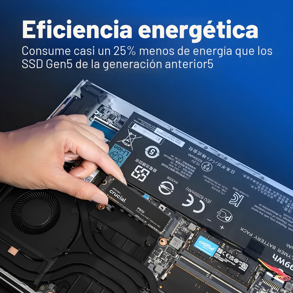 Crucial P510 2TB M.2 2280 PCIe 5.0 NVMe preto, vista frontal: superfície mate com logo Crucial e conector dourado M.2 - Item3