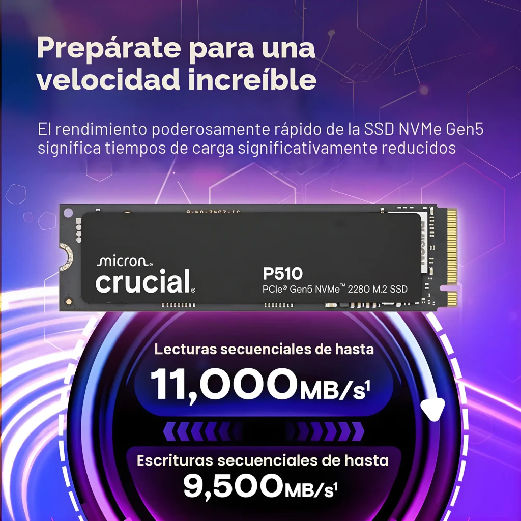 Crucial P510 2TB M.2 2280 PCIe 5.0 NVMe preto, vista frontal: superfície mate com logo Crucial e conector dourado M.2 - Item2