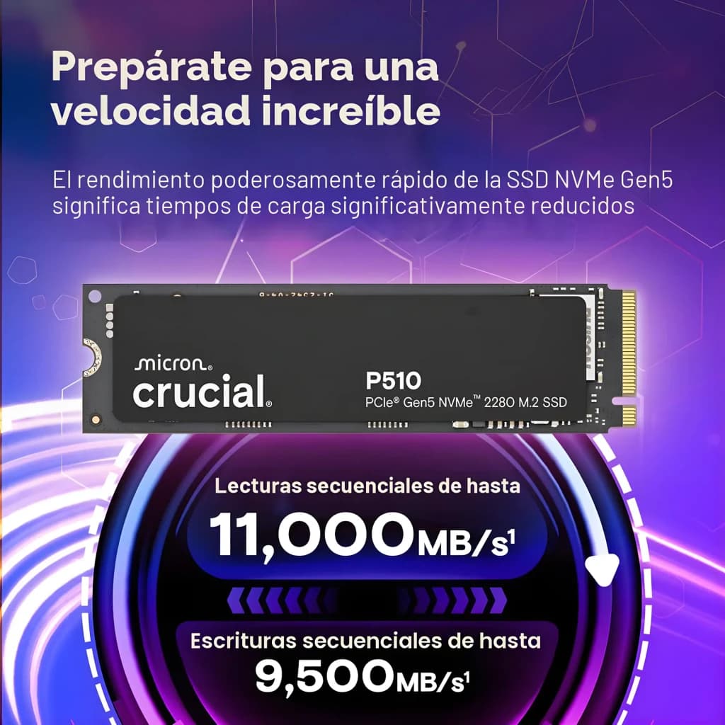 Crucial P510 2TB M.2 negro, infografía: SSD PCIe 5.0 con velocidades 11000 MB/s lectura y 9500 MB/s escritura