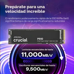 Crucial P510 2TB M.2 negro, infografía: SSD PCIe 5.0 con velocidades 11000 MB/s lectura y 9500 MB/s escritura