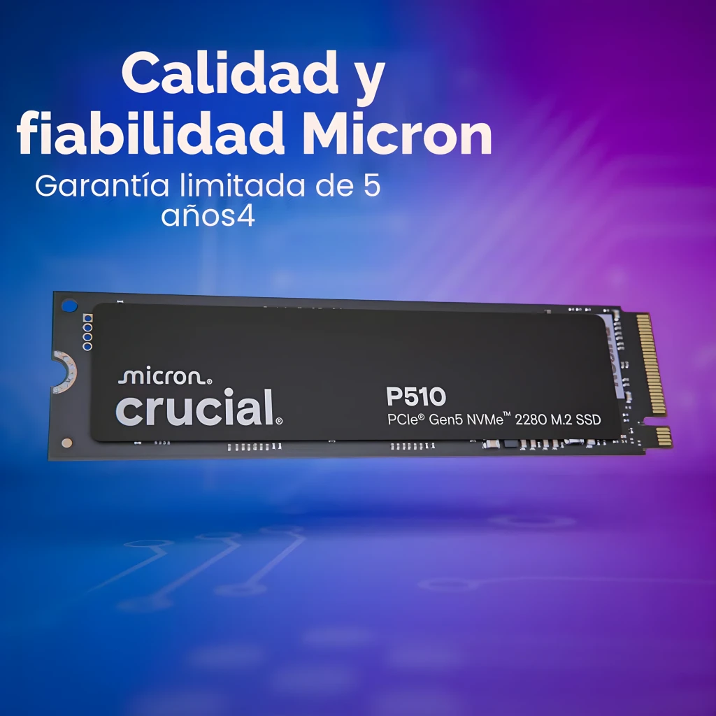 Crucial P510 2TB M.2 2280 PCIe 5.0 NVMe preto, vista frontal: superfície mate com logo Crucial e conector dourado M.2 - Item4