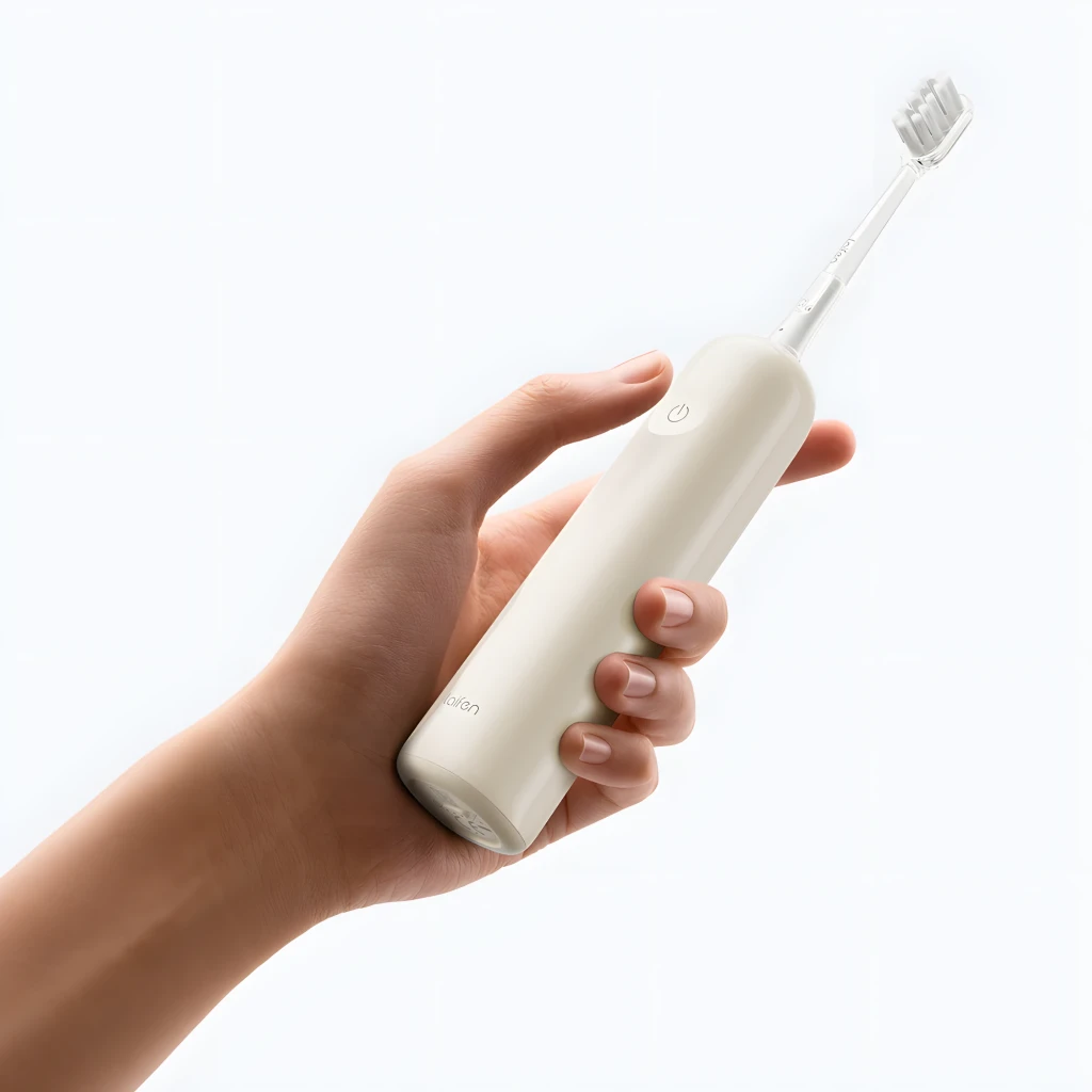 Laifen Wave ABS Cream escova elétrica, vista conjunto: escova, caixa, 2 cabeças e app móvel - Item3