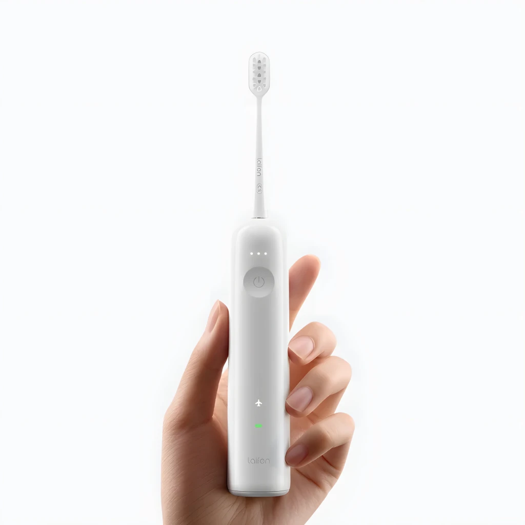 Laifen Wave ABS Cream escova elétrica, vista conjunto: escova, caixa, 2 cabeças e app móvel - Item2