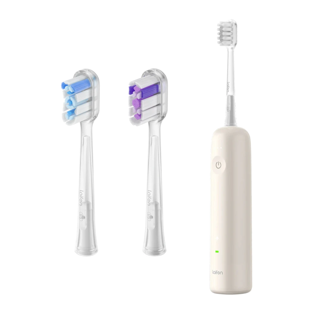 Laifen Wave ABS Cream escova elétrica, vista conjunto: escova, caixa, 2 cabeças e app móvel - Item1