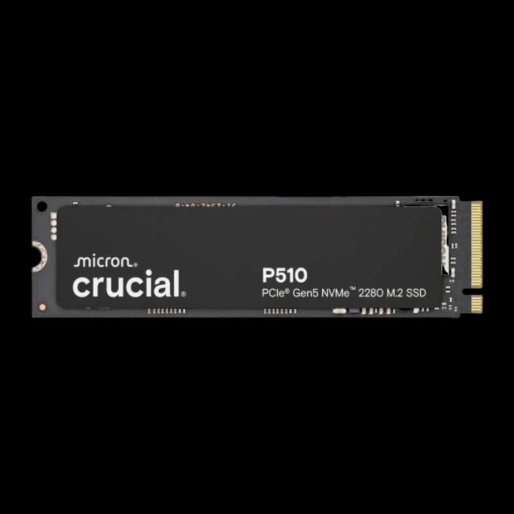 Crucial P510 2TB M.2 2280 PCIe 5.0 NVMe negro, vista frontal: superficie mate con logo Crucial y conector dorado M.2