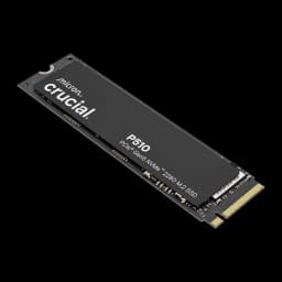 Crucial P510 2TB M.2 2280 PCIe 5.0 NVMe negro, vista en perspectiva: ángulo diagonal que muestra grosor y conector M.2 dorado