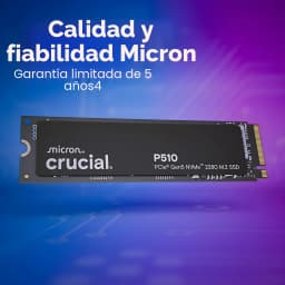 Crucial P510 2TB M.2 negro, vista lateral: SSD sobre fondo azul-morado con texto garantía 5 años