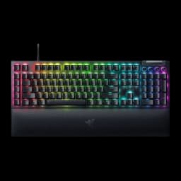 Razer BlackWidow V4 clavier mécanique noir, vue de dessus: rétroéclairage RGB multicolore sur les touches et repose-poignet