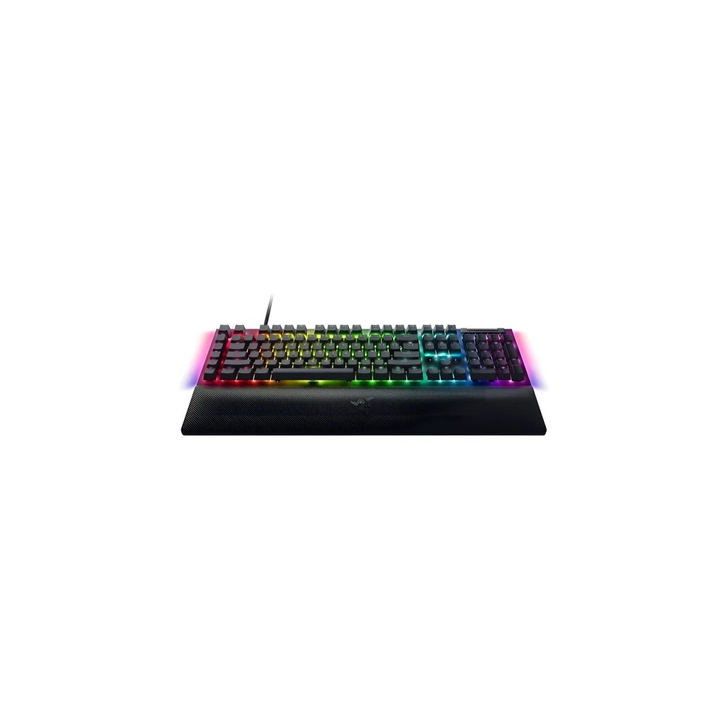 Razer BlackWidow V4 teclado mecánico negro, vista superior: iluminación RGB multicolor en teclas y reposamanos con textura - Ítem2