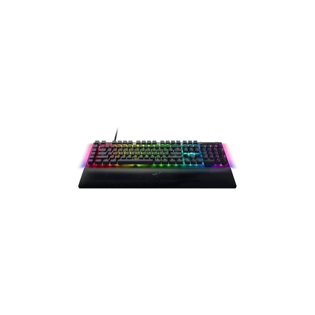 Razer BlackWidow V4 clavier mécanique noir, vue en perspective: éclairage RGB multicolore sur les touches et côté avec