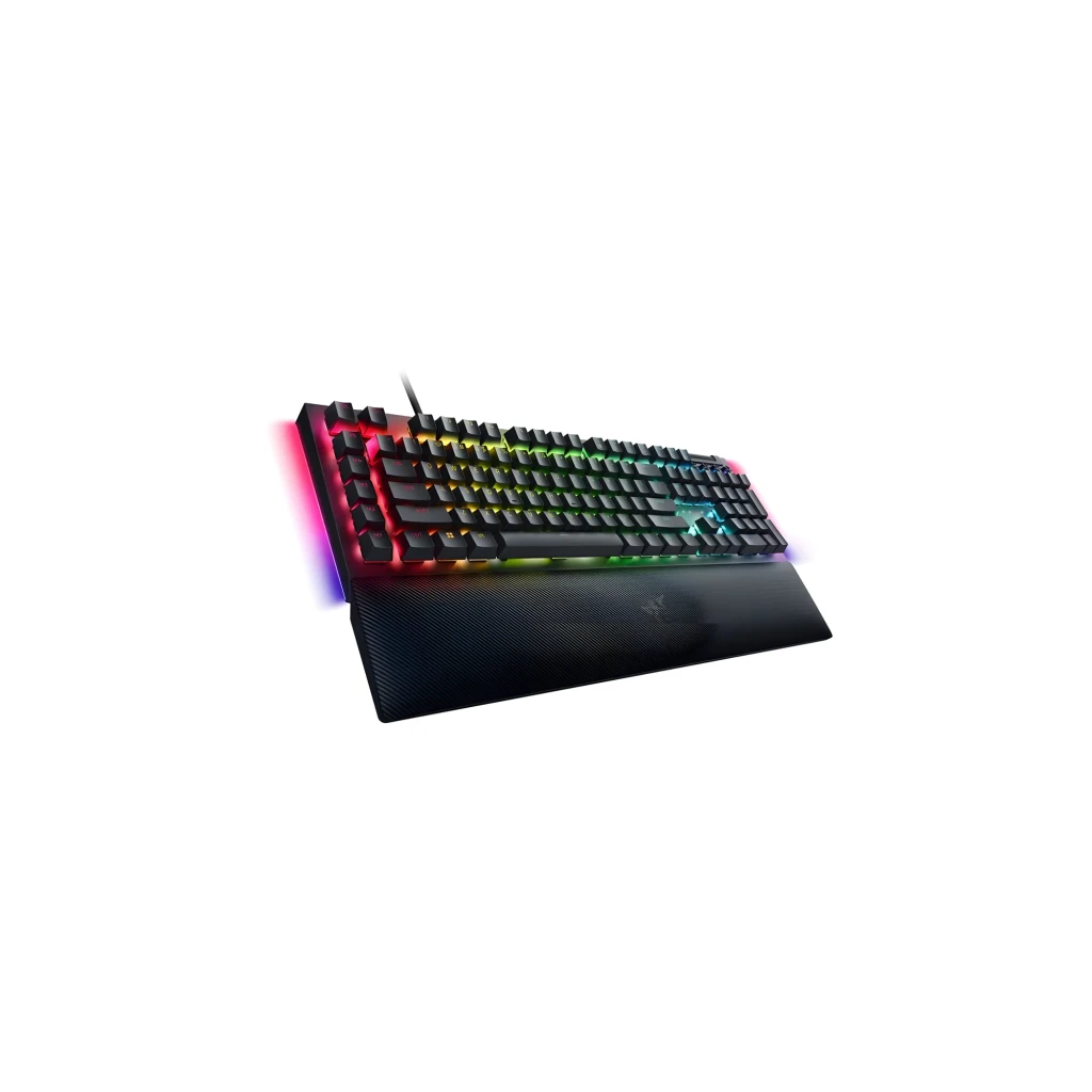 Razer BlackWidow V4 teclado mecánico negro, vista superior: iluminación RGB multicolor en teclas y reposamanos con textura - Ítem1