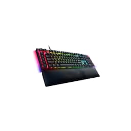 Razer BlackWidow V4 mécanique noir, vue en perspective: éclairage RGB multicolore sur les touches et les côtés avec