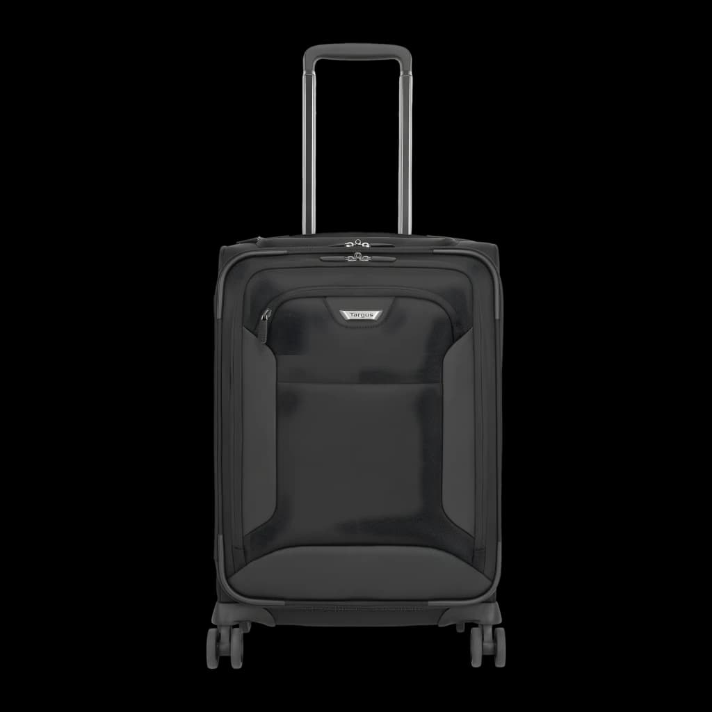 Targus Valise roulettes CUCT04R 16 pouces noir, vue avant: poignée télescopique déployée, poche frontale et 4 roulettes