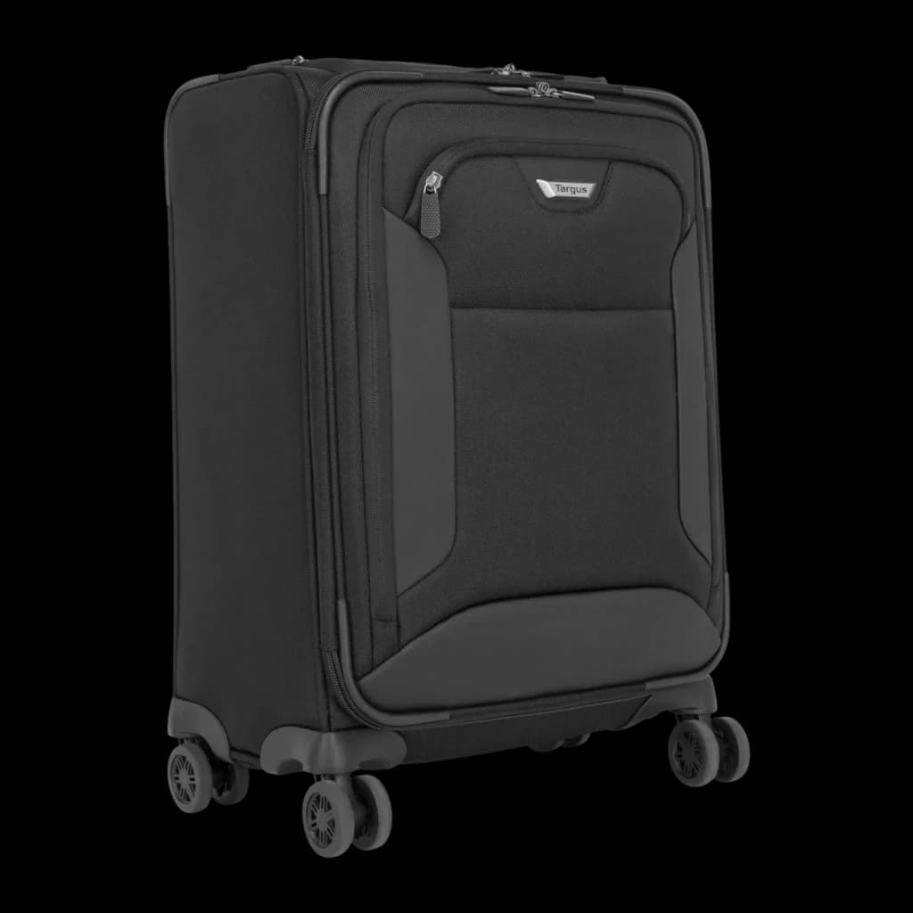 Targus Valise à roulettes CUCT04R 16 pouces noir, vue avant en angle: poche zippée, logo et 4 roulettes doubles