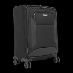 Targus Valise à roulettes CUCT04R 16 pouces noir, vue avant en angle: poche zippée, logo et 4 roulettes doubles