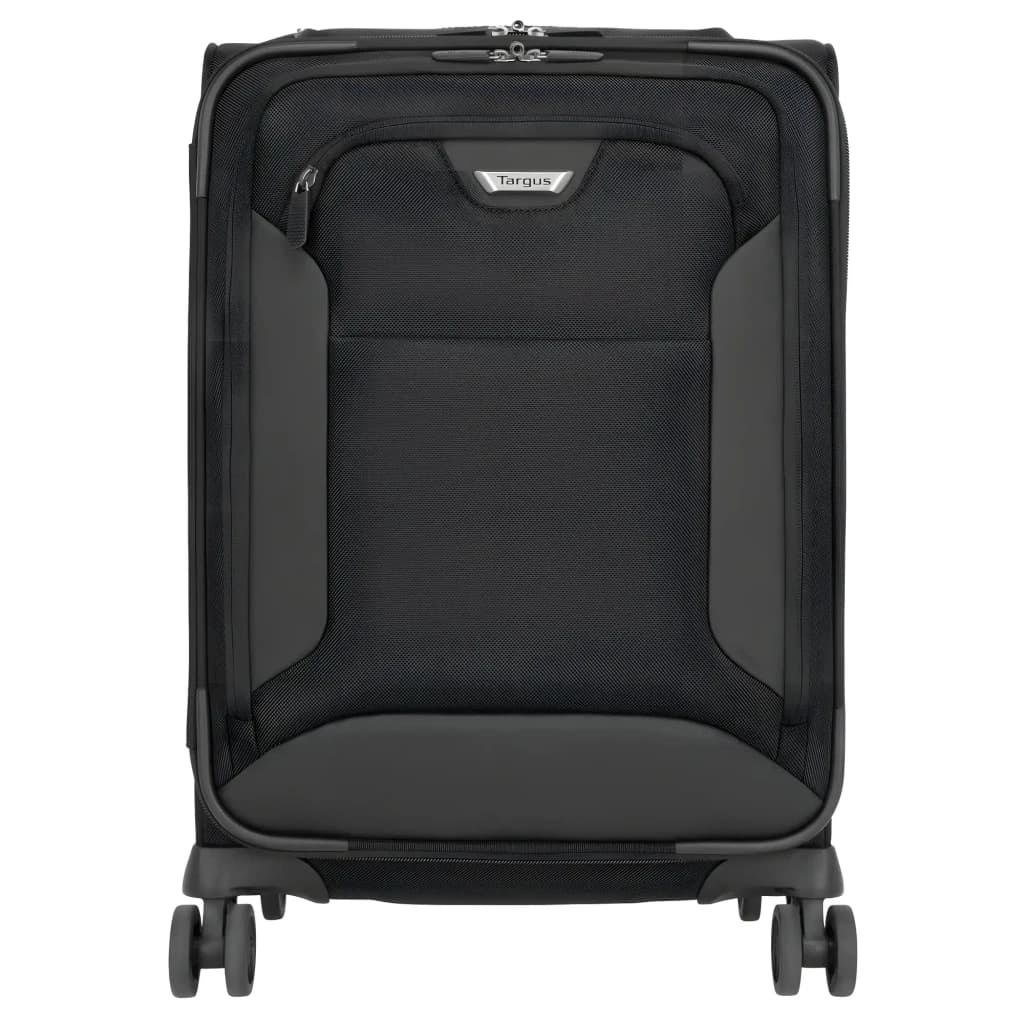 Targus Valise à roulettes CUCT04R 16 pouces noir, vue avant: poche frontale zippée, logo argenté et 4 roulettes pivotantes
