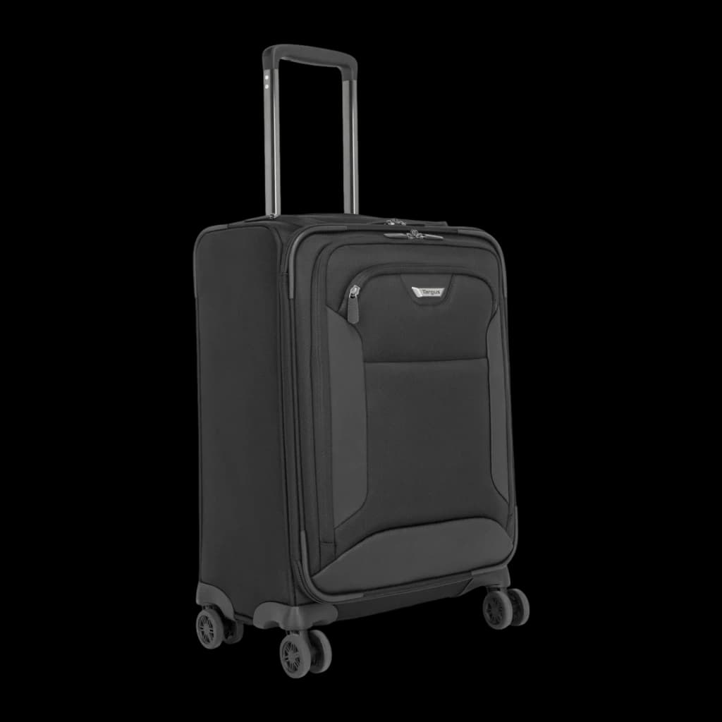 Targus Valise à roulettes CUCT04R 16 pouces noir, vue avant en angle: poignée télescopique déployée, poche et 4 roulettes