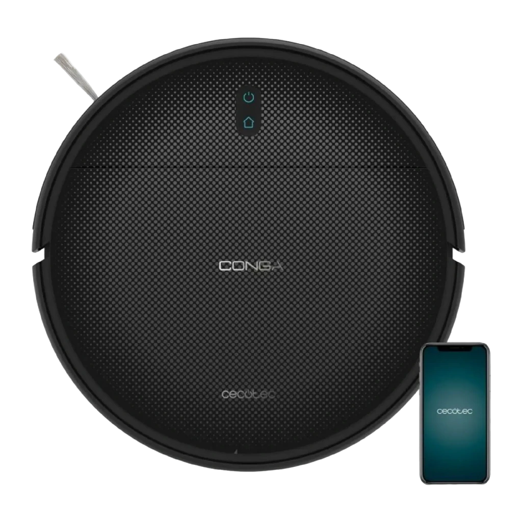 Cecotec Conga M10 Negro, vista superior: cuerpo circular negro, dos cepillos laterales y botones de encendido con luz - Ítem3
