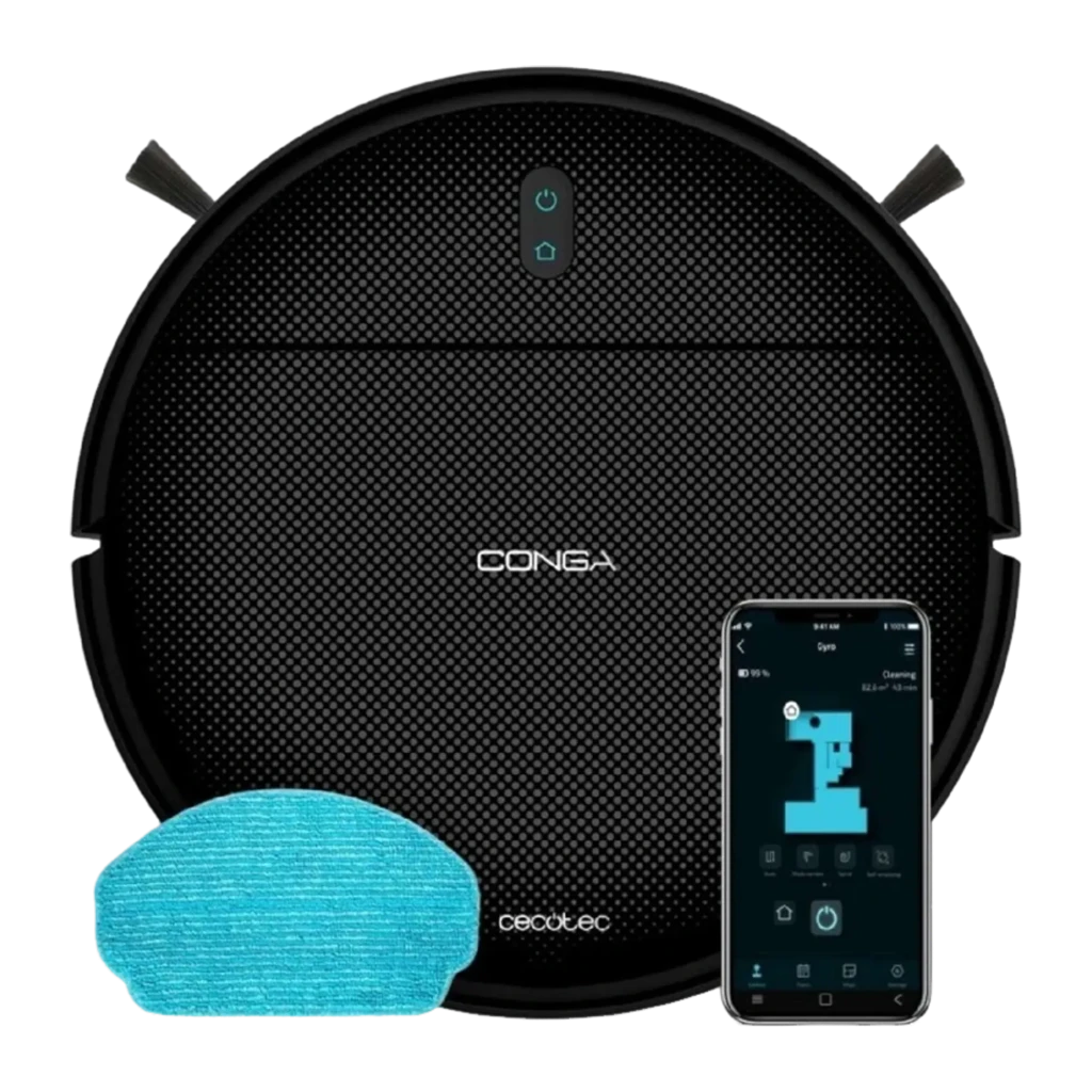 Cecotec Conga M10 Negro, vista superior: cuerpo circular negro, dos cepillos laterales y botones de encendido con luz - Ítem2