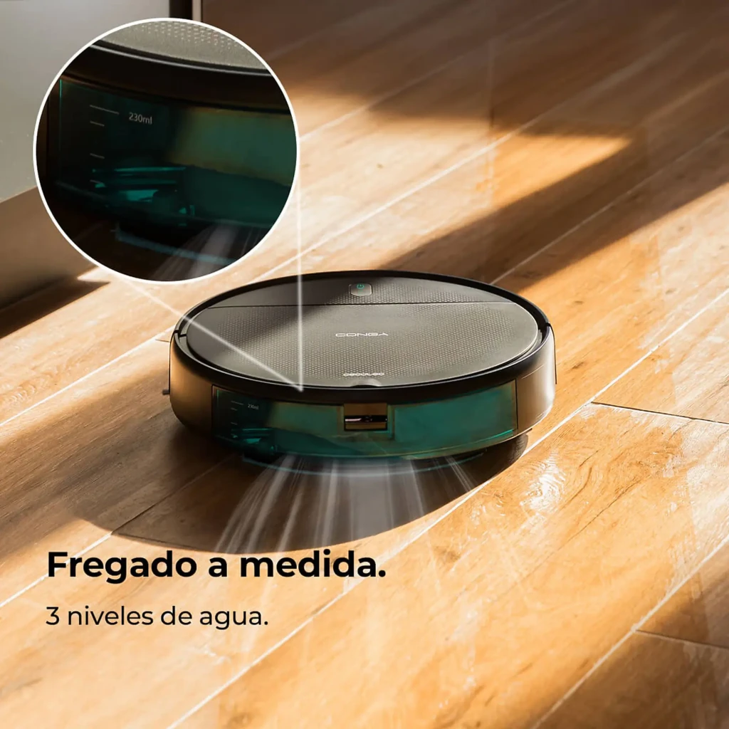 Cecotec Conga M10 Negro, vista superior: cuerpo circular negro, dos cepillos laterales y botones de encendido con luz - Ítem11