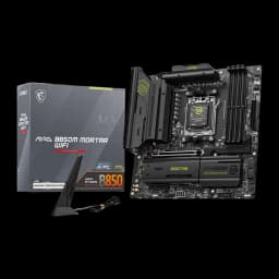 MSI MAG B850M Mortar WiFi AM5 negra, kit completo: placa base, caja retail y antena WiFi externa sobre superficie plana