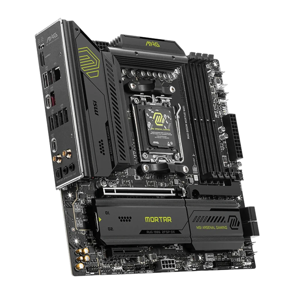 MSI MAG B850M Mortar WiFi AM5 preta, kit completo: placa-mãe, caixa retail e antena WiFi externa sobre superfície plana - Item2