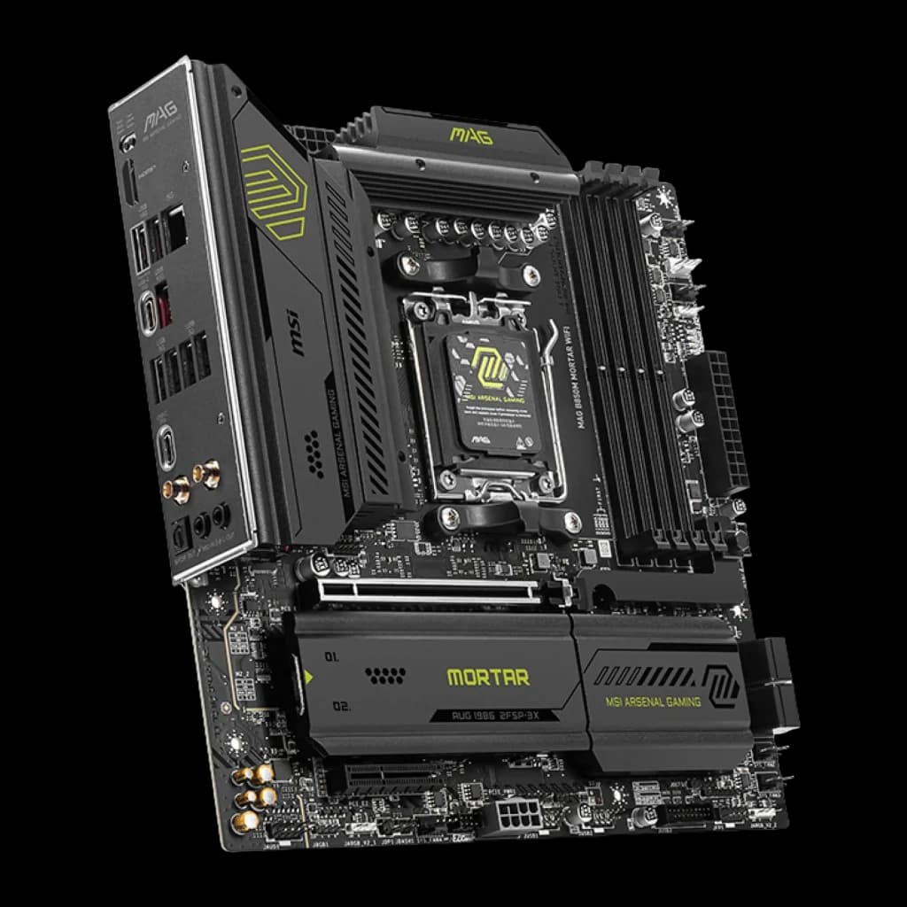 MSI MAG B850M Mortar WiFi AM5 negra, vista en ángulo lateral izquierdo: panel de E/S con puertos USB, HDMI y antenas WiFi