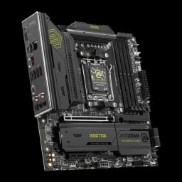 MSI MAG B850M Mortar WiFi AM5 negra, vista en ángulo lateral izquierdo: panel de E/S con puertos USB, HDMI y antenas WiFi