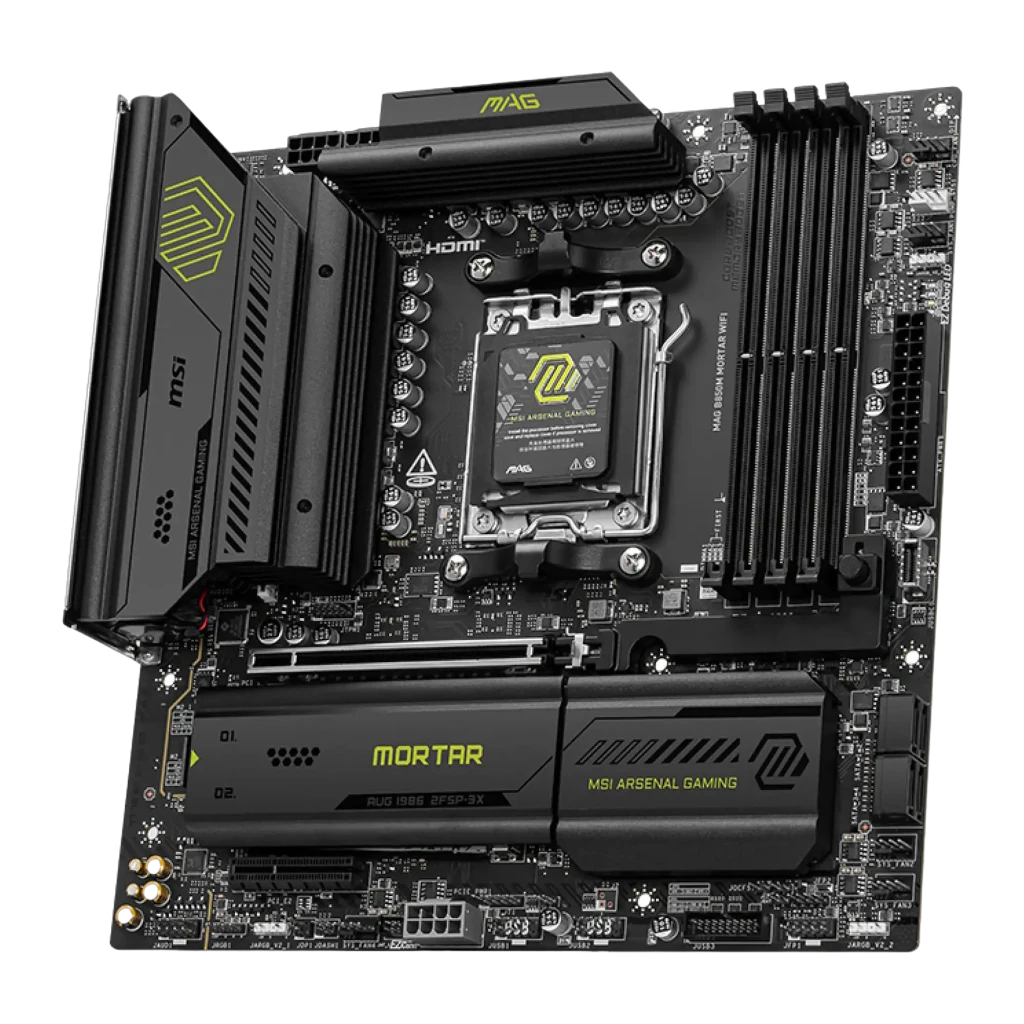MSI MAG B850M Mortar WiFi AM5 preta, kit completo: placa-mãe, caixa retail e antena WiFi externa sobre superfície plana - Item1