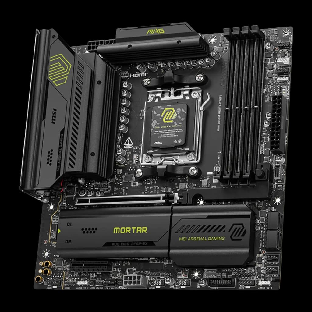 MSI MAG B850M Mortar WiFi AM5 negra, vista superior: socket AM5, disipadores VRM, ranuras DDR5 y cubierta M.2 con logo Mortar
