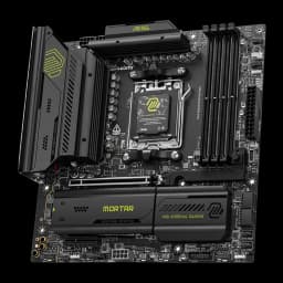 MSI MAG B850M Mortar WiFi AM5 negra, vista superior: socket AM5, disipadores VRM, ranuras DDR5 y cubierta M.2 con logo Mortar