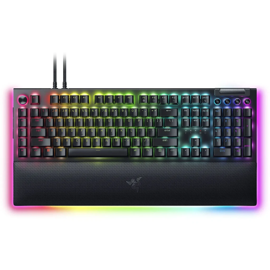 Razer BlackWidow V4 Pro Negro, vista superior: teclado mecánico con iluminación RGB multicolor, reposamuñecas y mando - Ítem1