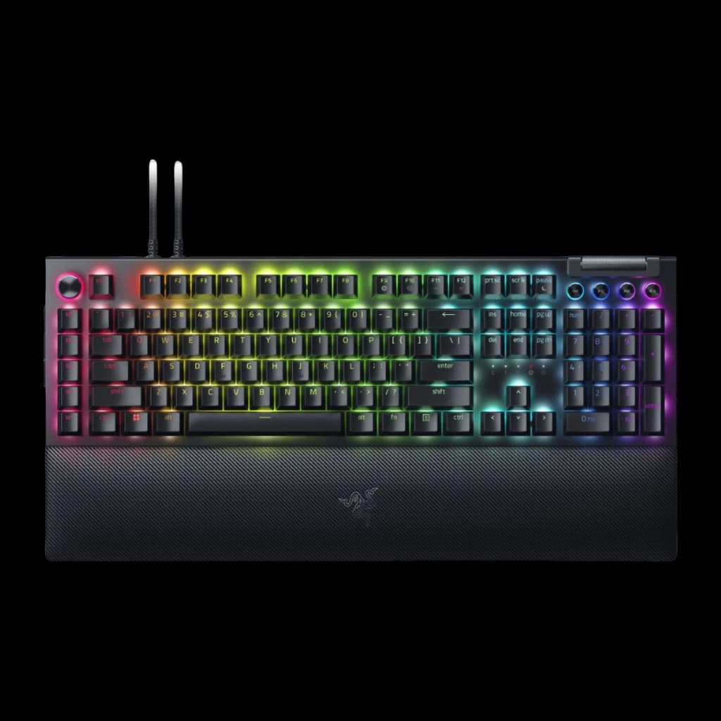 Razer BlackWidow V4 Pro Negro, vista superior: teclado mecánico con iluminación RGB multicolor, reposamuñecas y mando