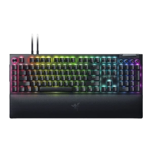 Razer BlackWidow V4 Pro Negro, vista superior: teclado mecánico con iluminación RGB multicolor, reposamuñecas y mando
