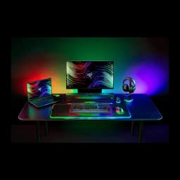 Razer BlackWidow V4 Pro negro, setup gaming: teclado con RGB en escritorio junto a monitor, laptop, ratón y auriculares