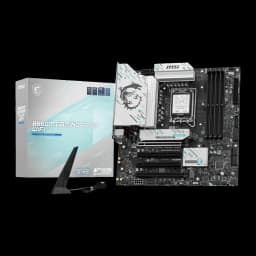 MSI B860M Gaming Plus WiFi Negro, vista conjunto: placa base mATX, caja del producto y antena WiFi