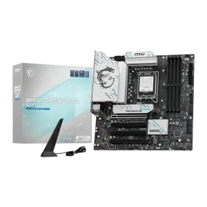 MSI B860M Gaming Plus WiFi Preto, vista conjunto: placa-mãe mATX, caixa do produto e antena WiFi