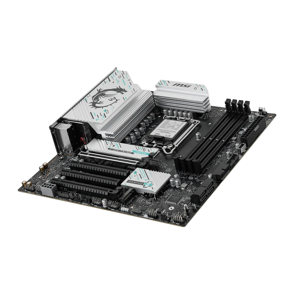 MSI B860M Gaming Plus WiFi Preto, vista conjunto: placa-mãe mATX, caixa do produto e antena WiFi - Item3