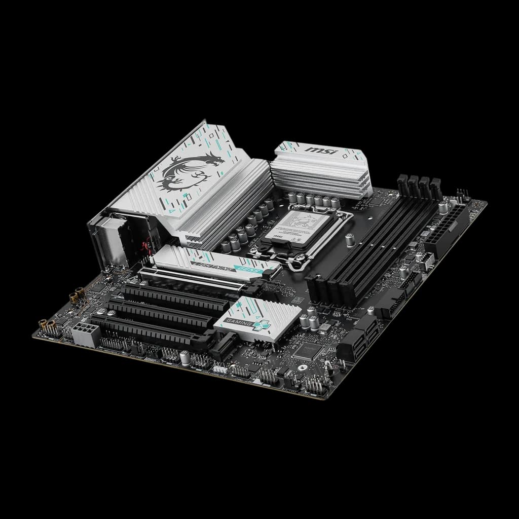 MSI B860M Gaming Plus WiFi Negro, ángulo lateral derecho: disipador VRM con dragón, slots SATA y PCIe en primer plano