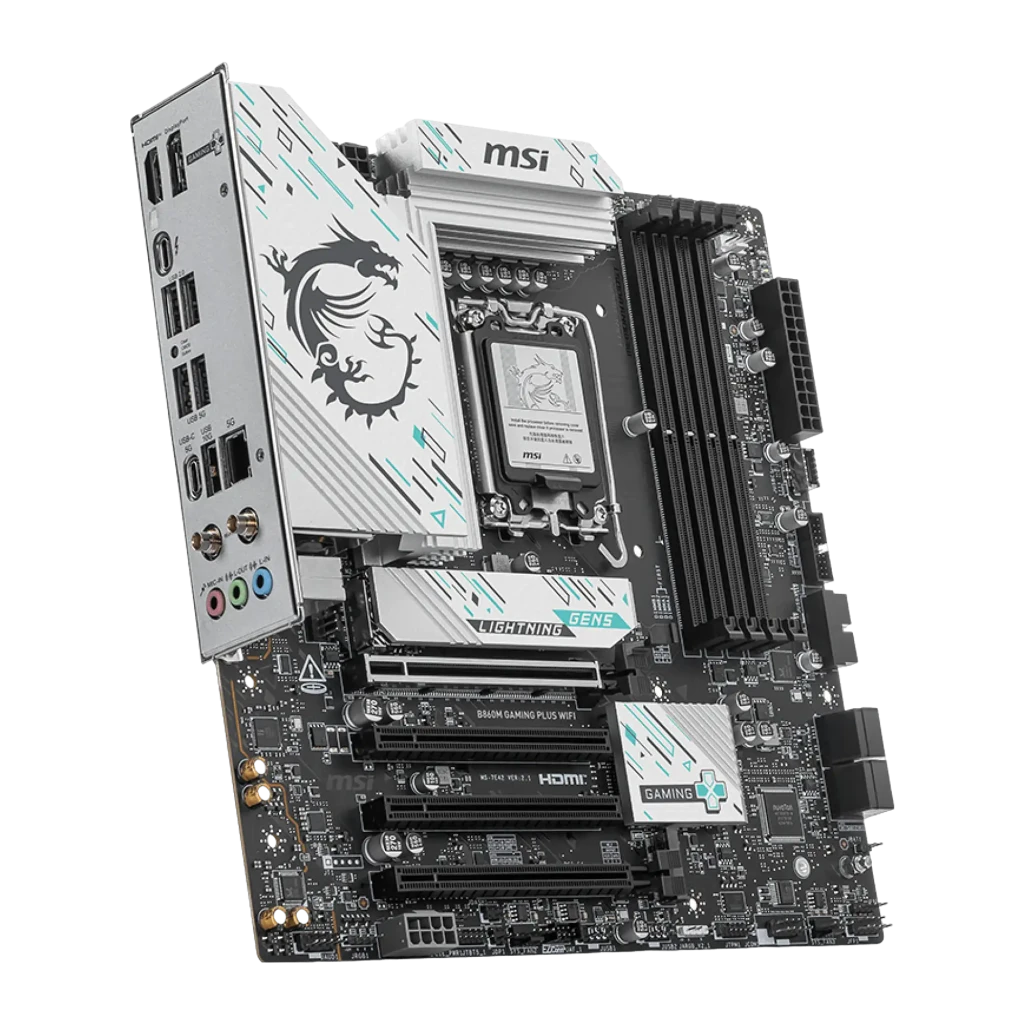 MSI B860M Gaming Plus WiFi Preto, vista conjunto: placa-mãe mATX, caixa do produto e antena WiFi - Item2