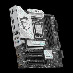 MSI B860M Gaming Plus WiFi Negro, vista frontal en ángulo: panel I/O con dragón, disipadores VRM y ranuras PCIe