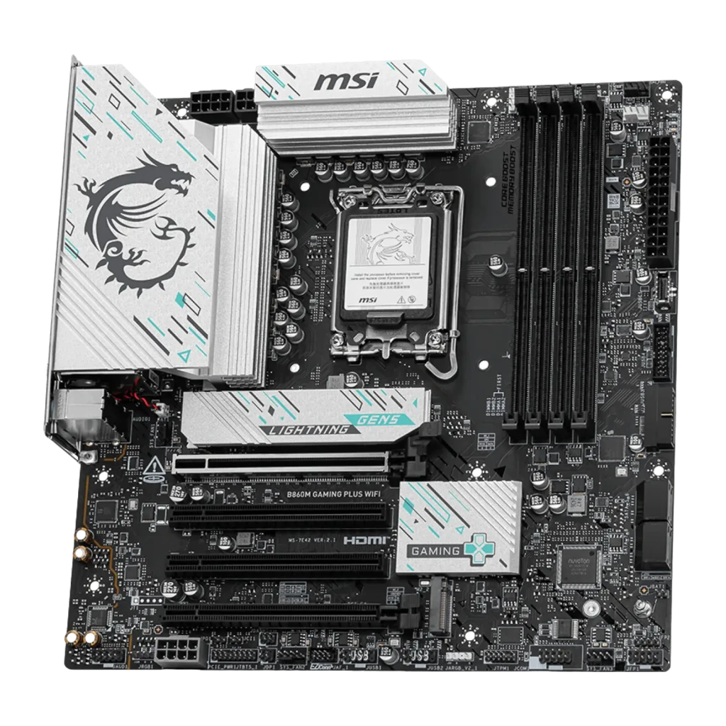 MSI B860M Gaming Plus WiFi Preto, vista conjunto: placa-mãe mATX, caixa do produto e antena WiFi - Item1