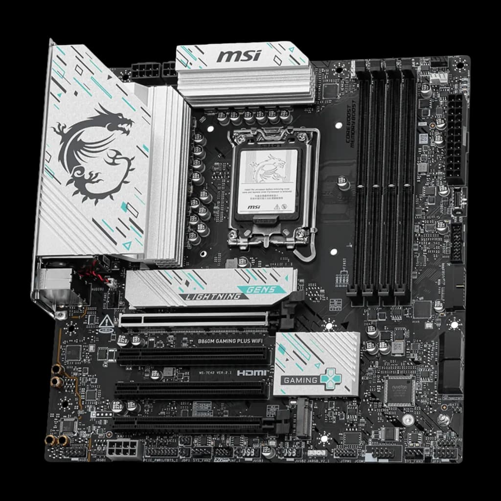 MSI B860M Gaming Plus WiFi Negro, vista cenital: placa completa con socket LGA1851, ranuras DDR5 y PCIe visibles