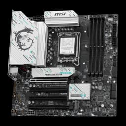 MSI B860M Gaming Plus WiFi Negro, vista cenital: placa completa con socket LGA1851, ranuras DDR5 y PCIe visibles