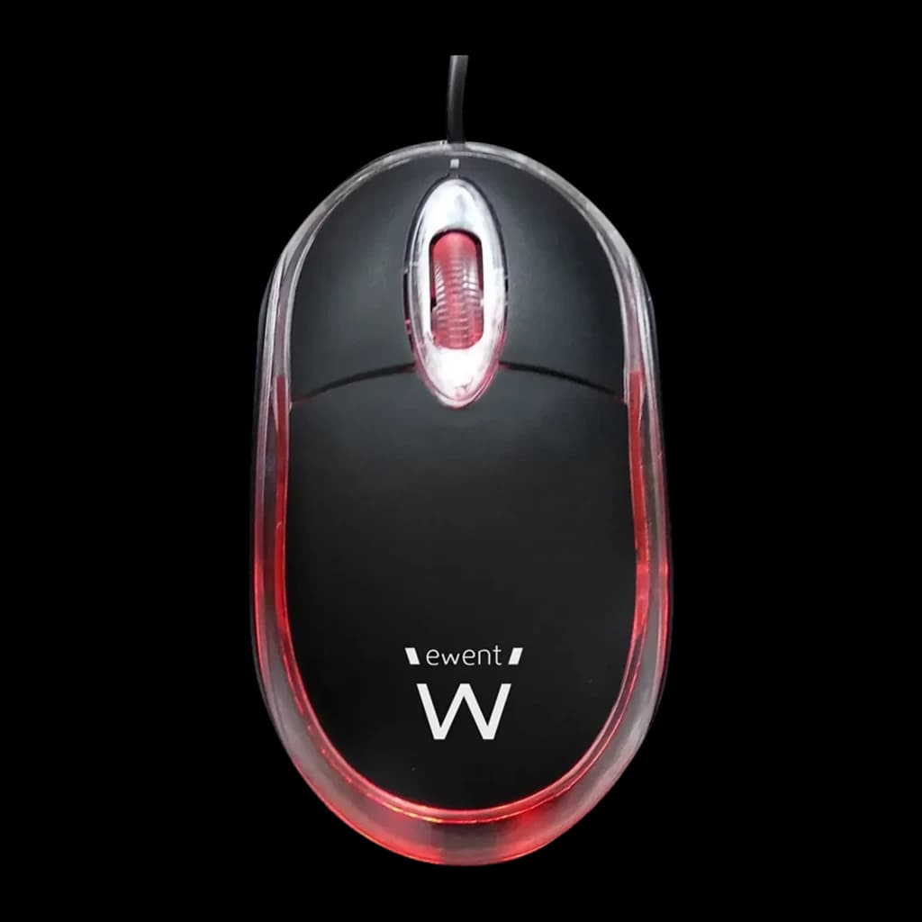 Ewent EW3174 Optique USB 1000 DPI noir transparent, vue dessus: corps noir avec bordure transparente éclairée en rouge et