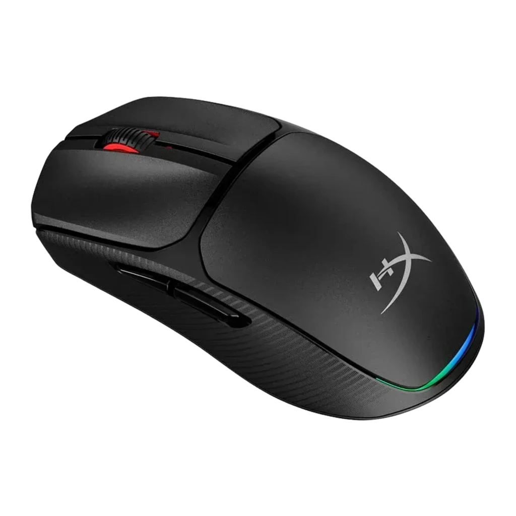 HyperX Pulsefire Fuse Wireless 12000 DPI RGB preto, vista superior: roda com luz vermelha, logo HX e RGB na base - Item1